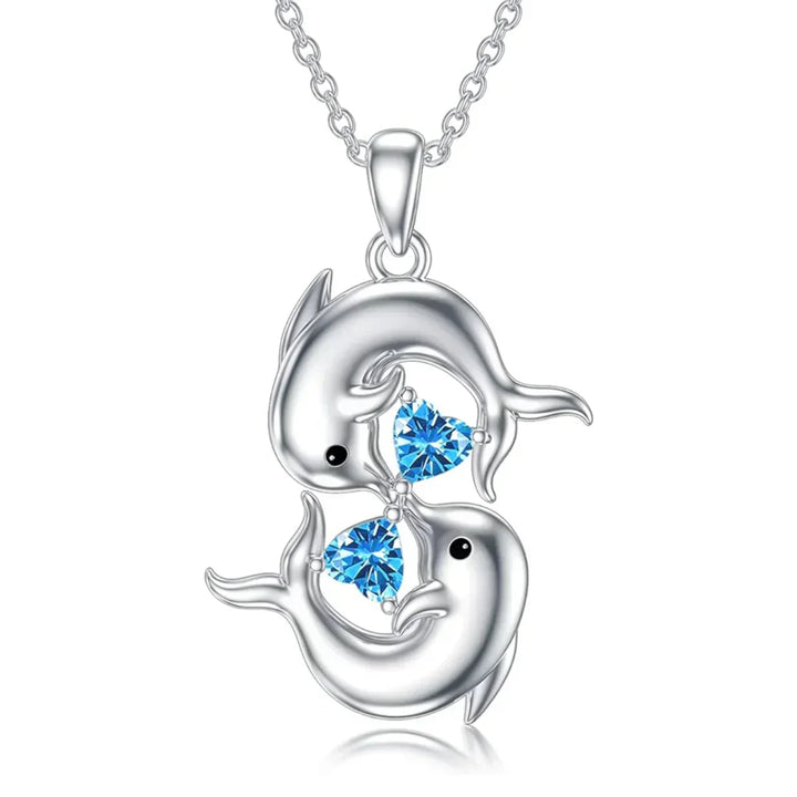 Collier en Argent avec Double Dauphins et Cristal Bleu
