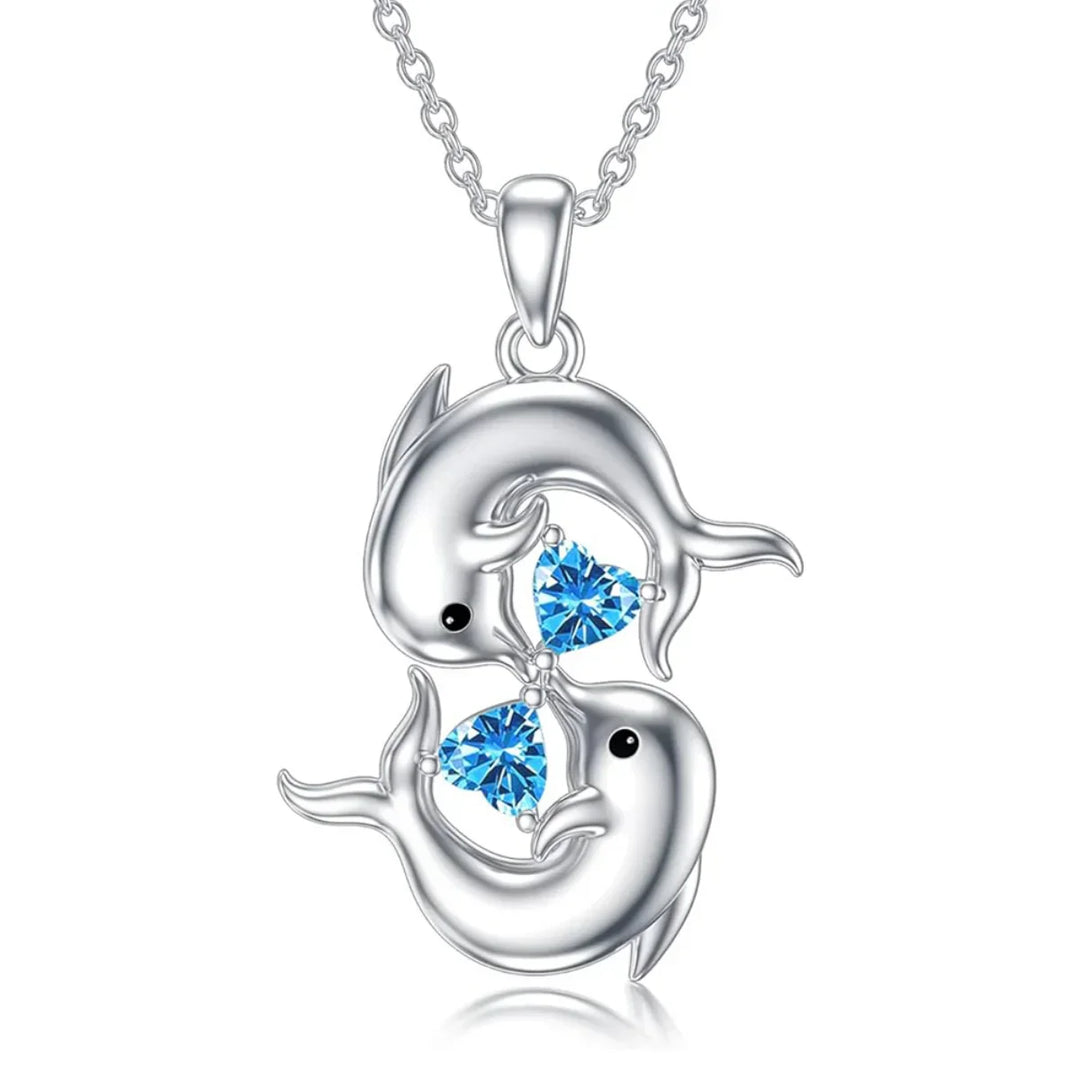 Collier en Argent avec Deux Dauphins et Pierre Cristal Bleue